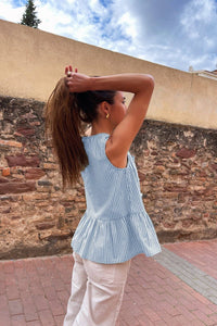 Viral trendy stripe Bow Tie Front Peplum Vest tank top: Blue