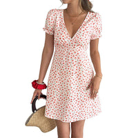 2026 Summer Floral Deep V Neck Puff Sleeve Mini Dress