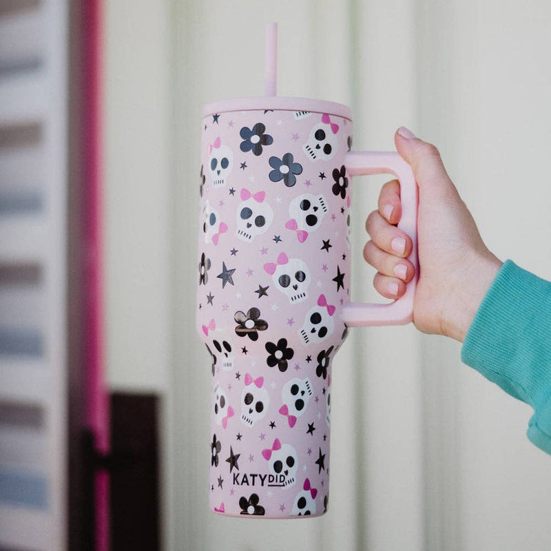 Skull Flower Bow Tumbler Cup in Light Pink
