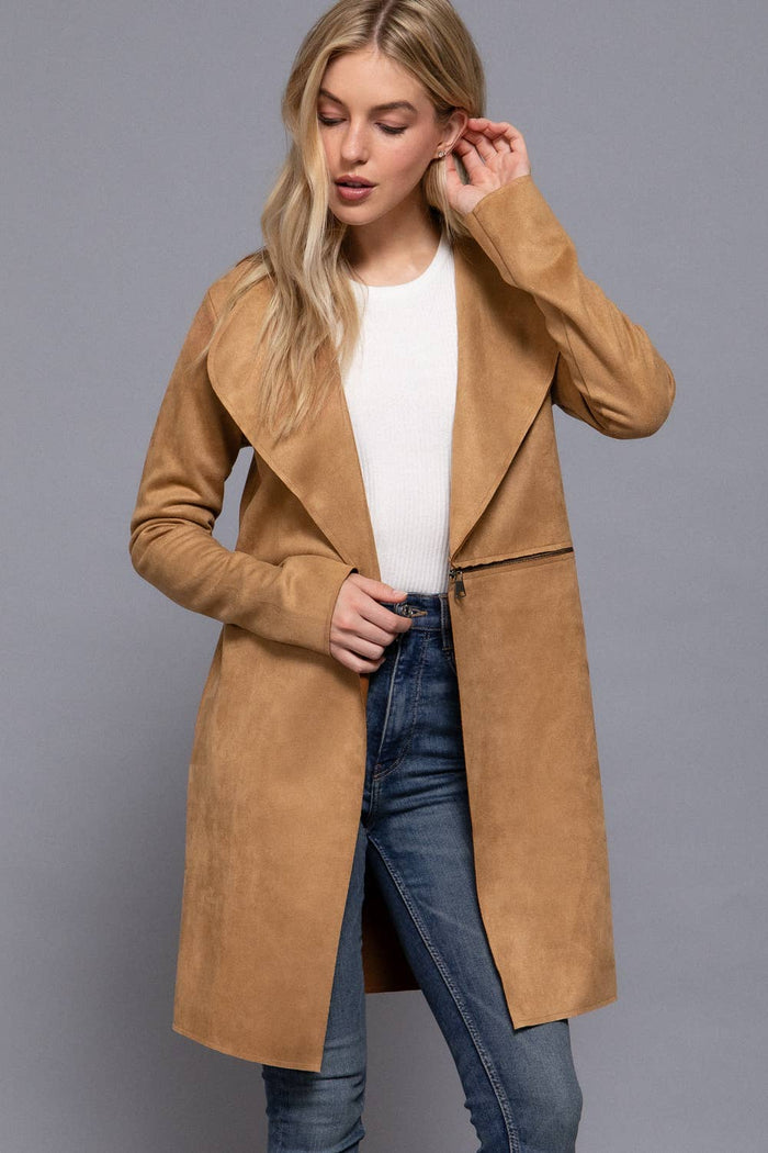 Front Zipper Detail Suede Jacket in Taupe