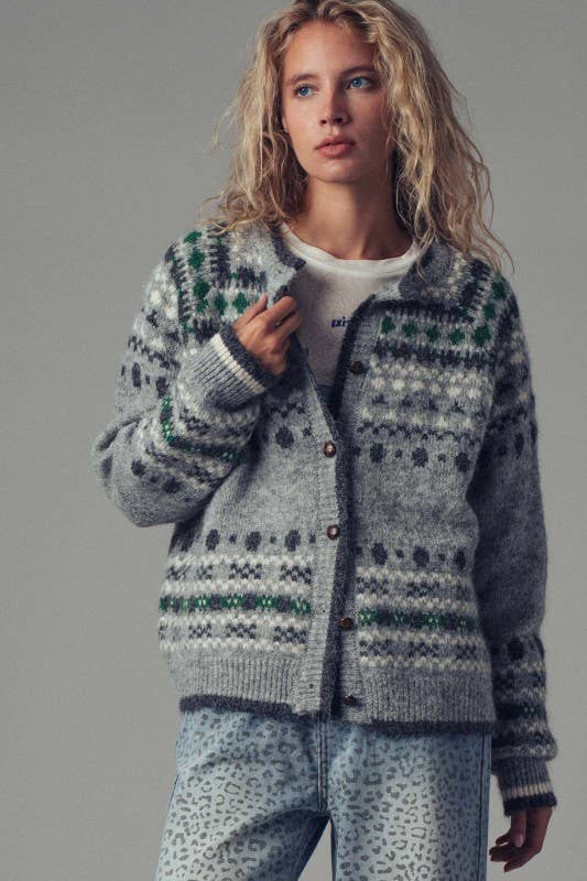 ** Nordic Pattern Button-Up Knit Cardigan: GREY / S/M-3:M/L-3