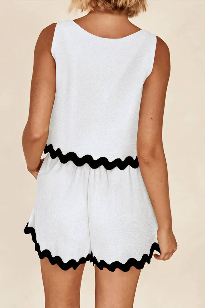 Ricrac Trim Tank Top Elastic Waist Shorts Set in White