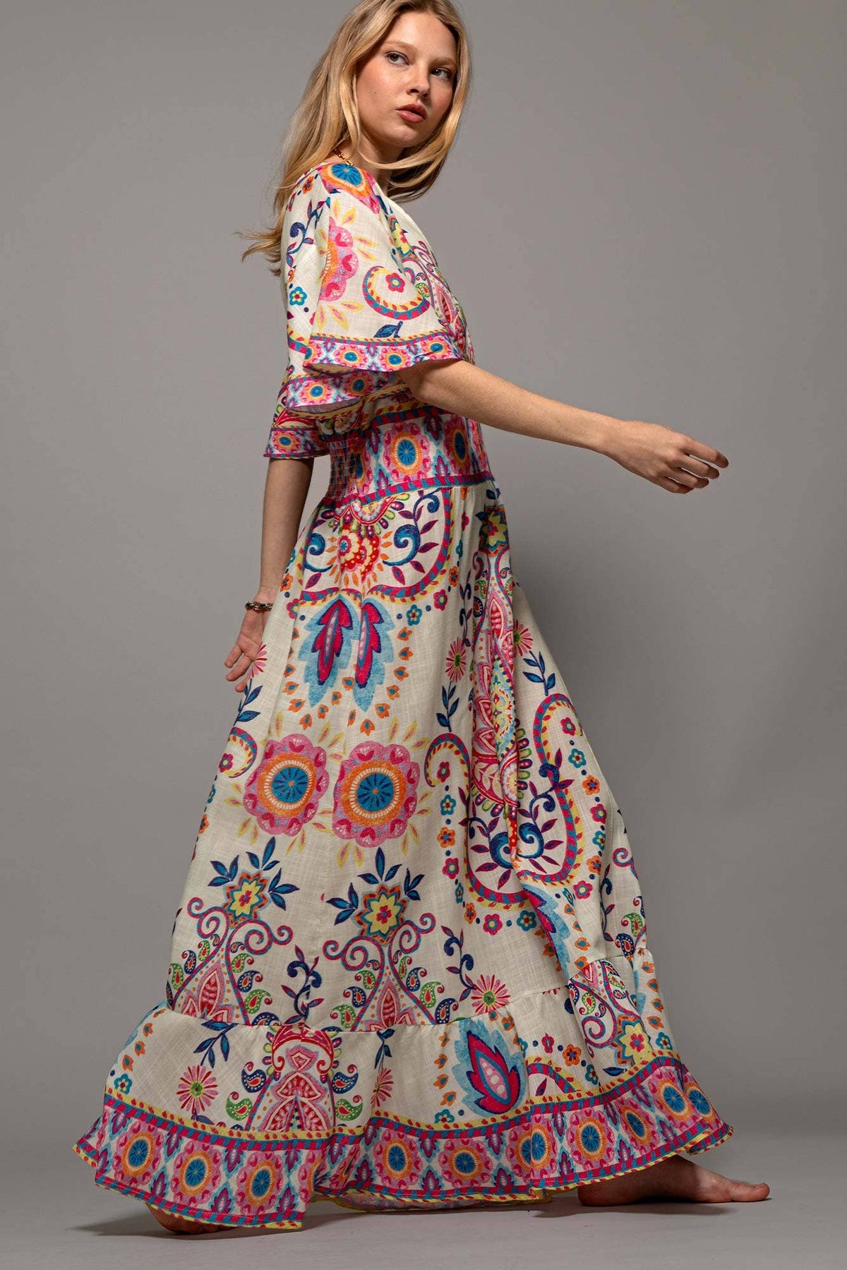 Paisley Flutter Sleeve Smocked Dress in Ivory