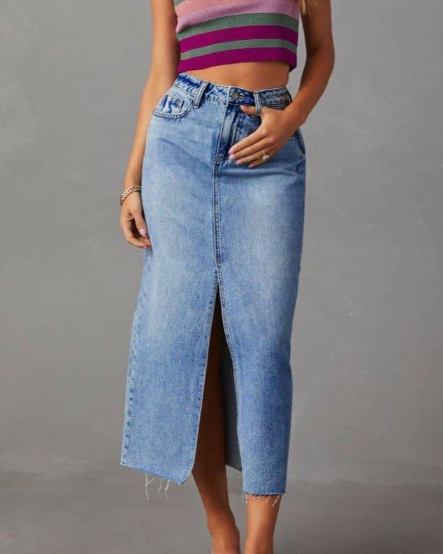 Slit Denim Midi Skirt in Light Blue
