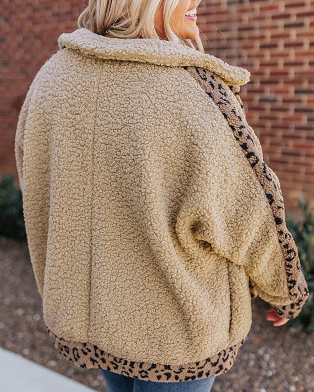 Leopard Trim Button Up Sherpa Jacket