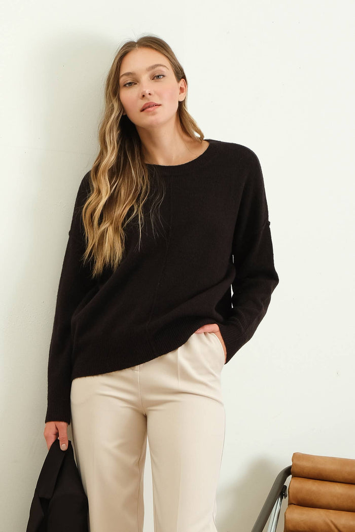 Knit Sweater with Front Seam Detail in Black