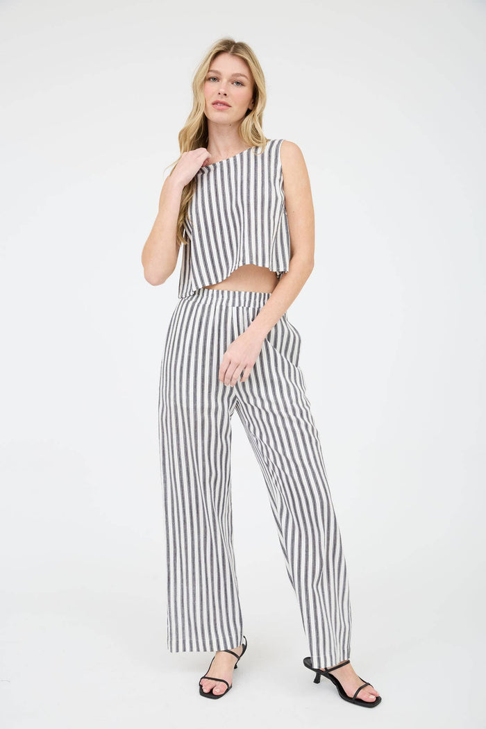STRIPE LINEN WIDE LEG PANTS: NAVY