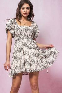 Floral Pleated Mini Dress in Black