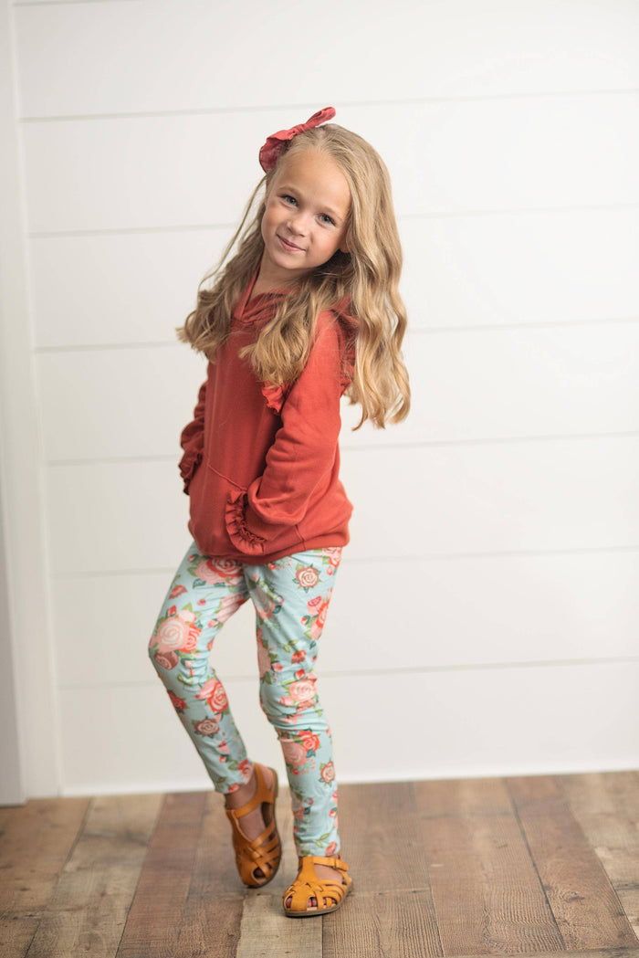 Girl’s Ruffled Hoodie & Leggings Set in Rust