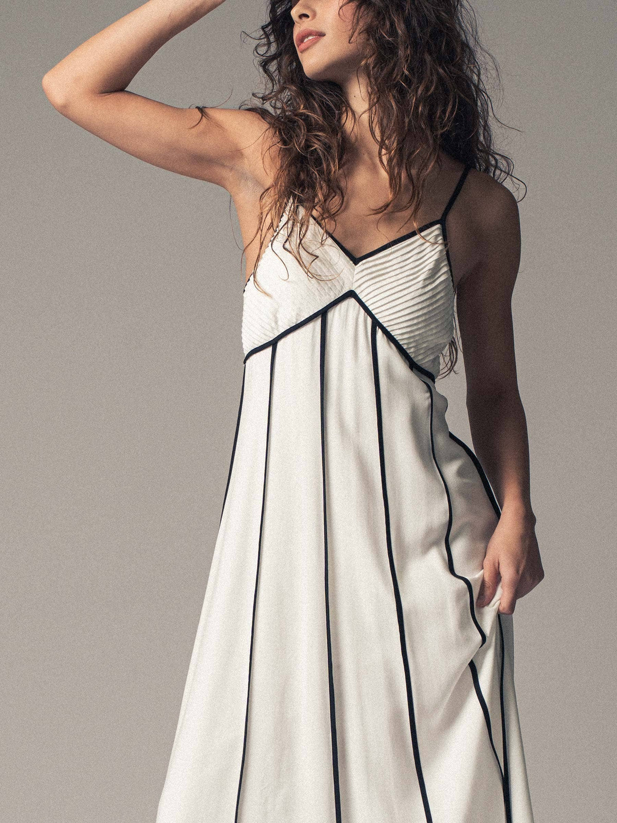 Striped White Maxi Dress with Contrast Piping in White/Black