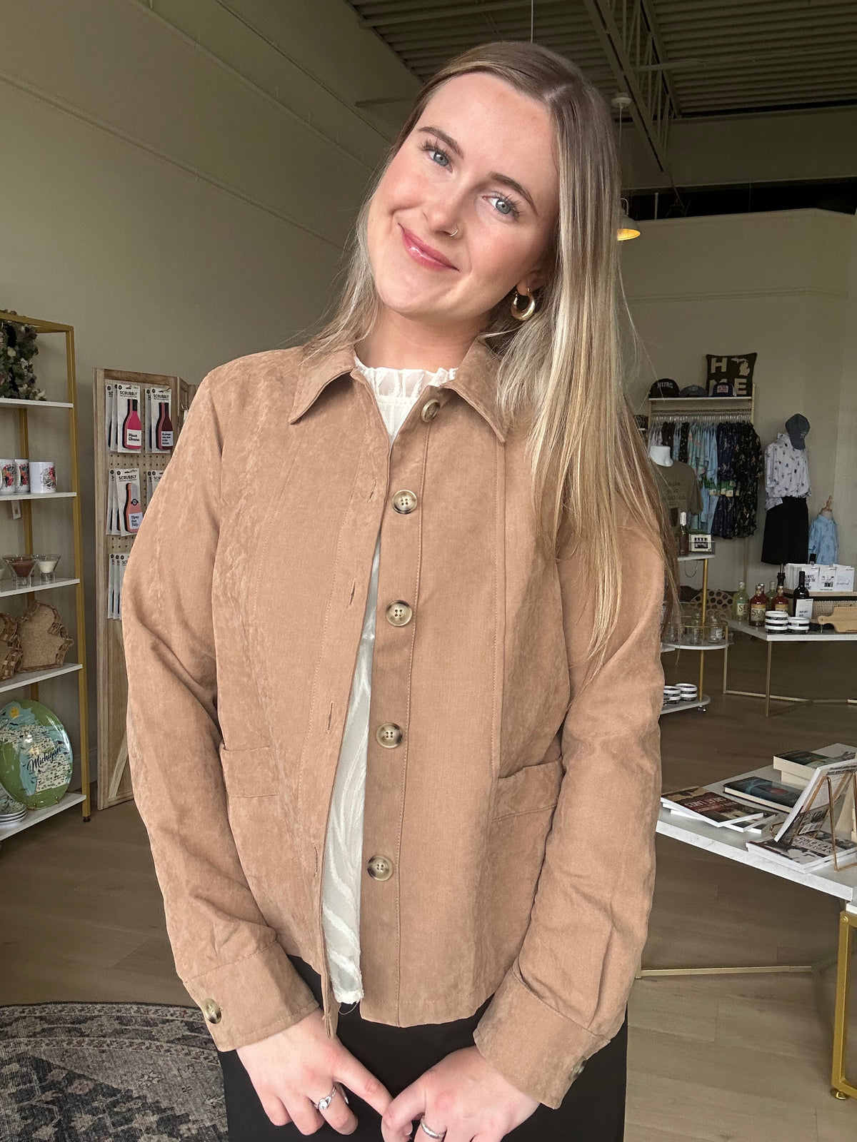 Suede Button Down Shacket in Latte