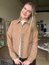 Suede Button Down Shacket in Latte