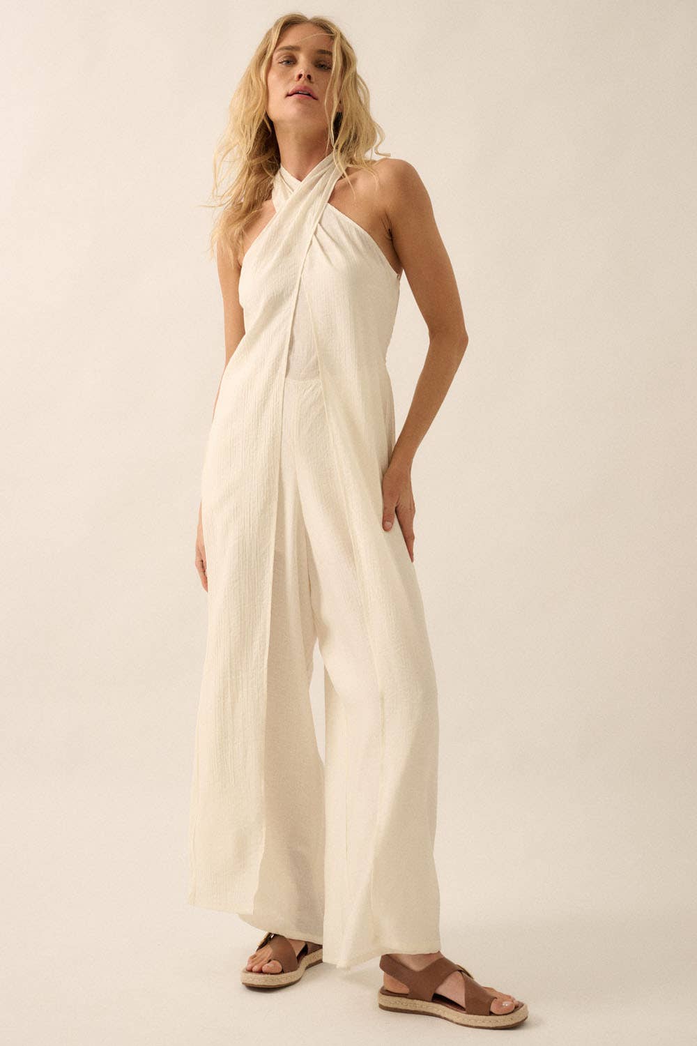 Wide-Leg Convertible Halter Jumpsuit in Natural Color