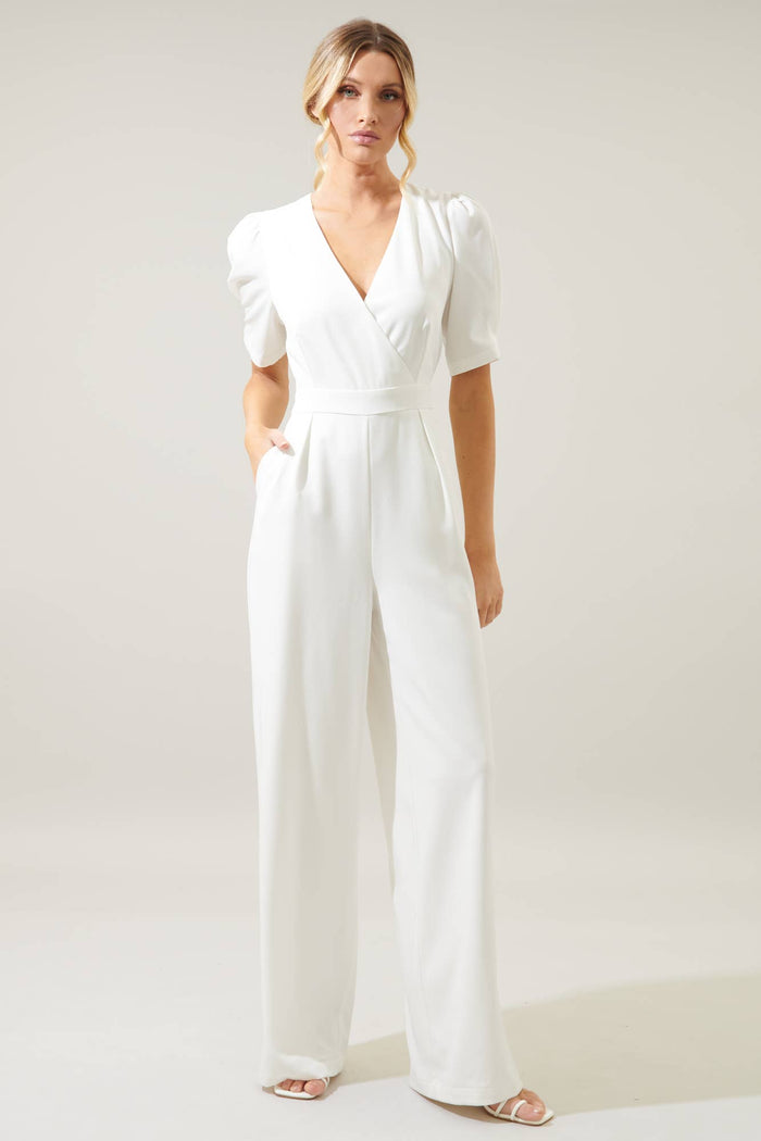 Go Getter Wide Leg Surplice Jumpsuit in White