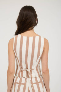 Stripe Button Down Sleeveless Linen Top in Navy