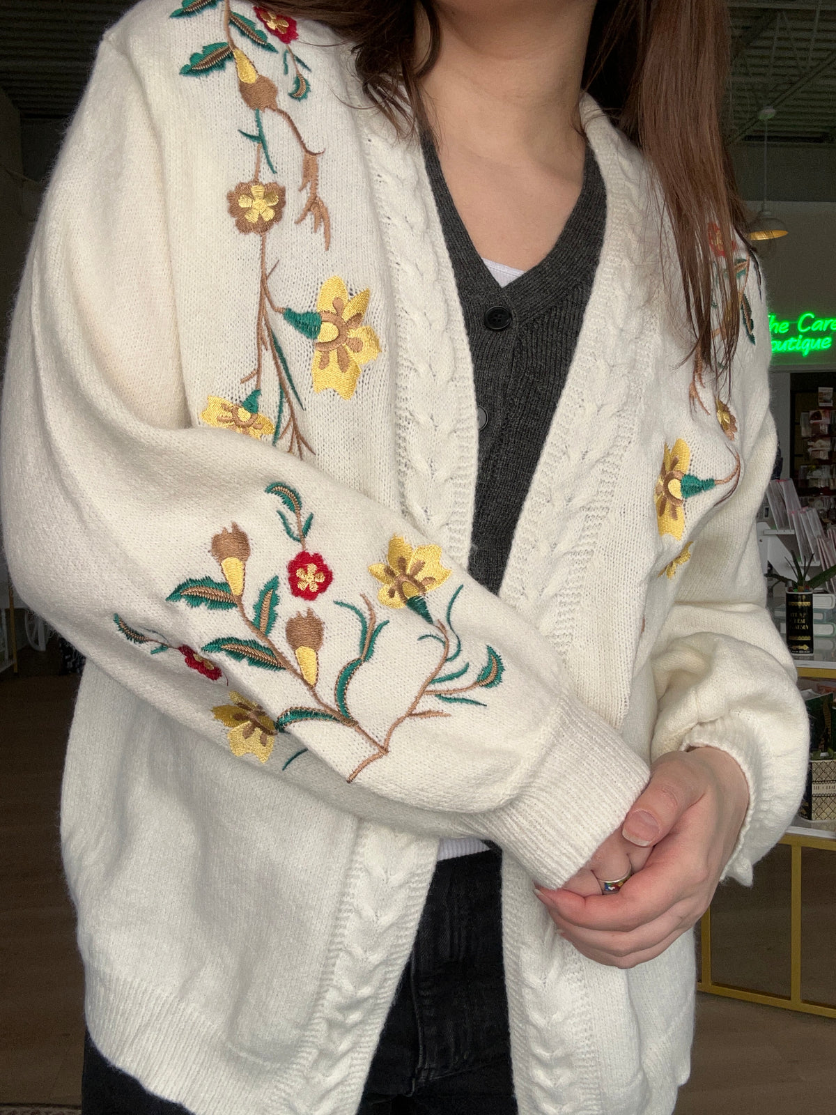 Floral Knit Cardigan in Cream