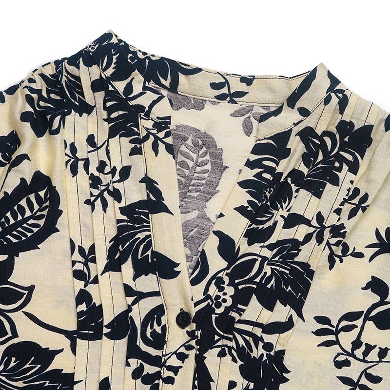 Vintage Printed Standing Collar Shirt in Navy Blue & White