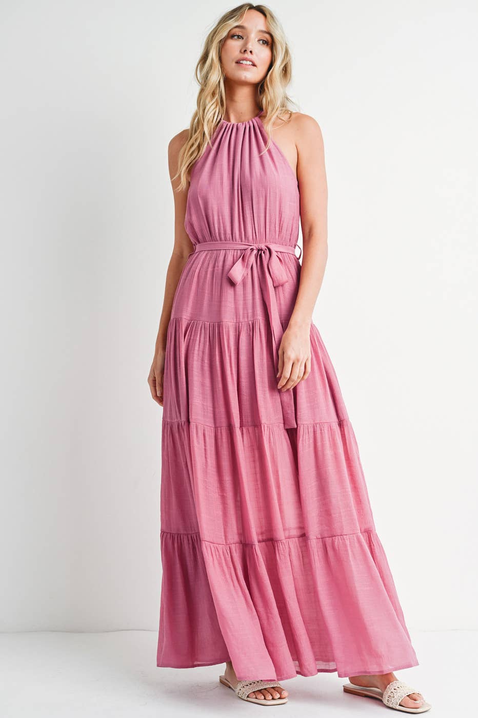 Tiered Halter Tie-Waist Maxi Dress in Rose