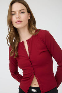 Ribbed Long Sleeve Button Down Knit Top Deep Red