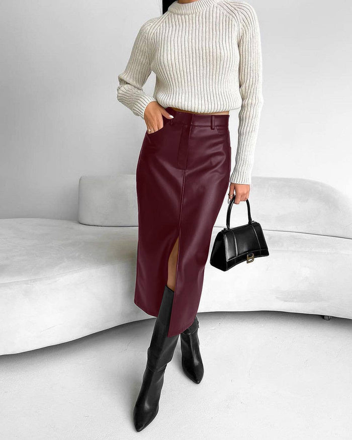 Vintage Leather Split Skirt in Wine