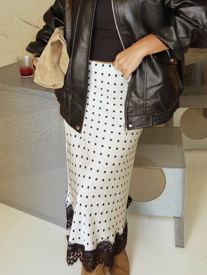 Retro Romance Lace Hem Polka Dots Midi Skirt