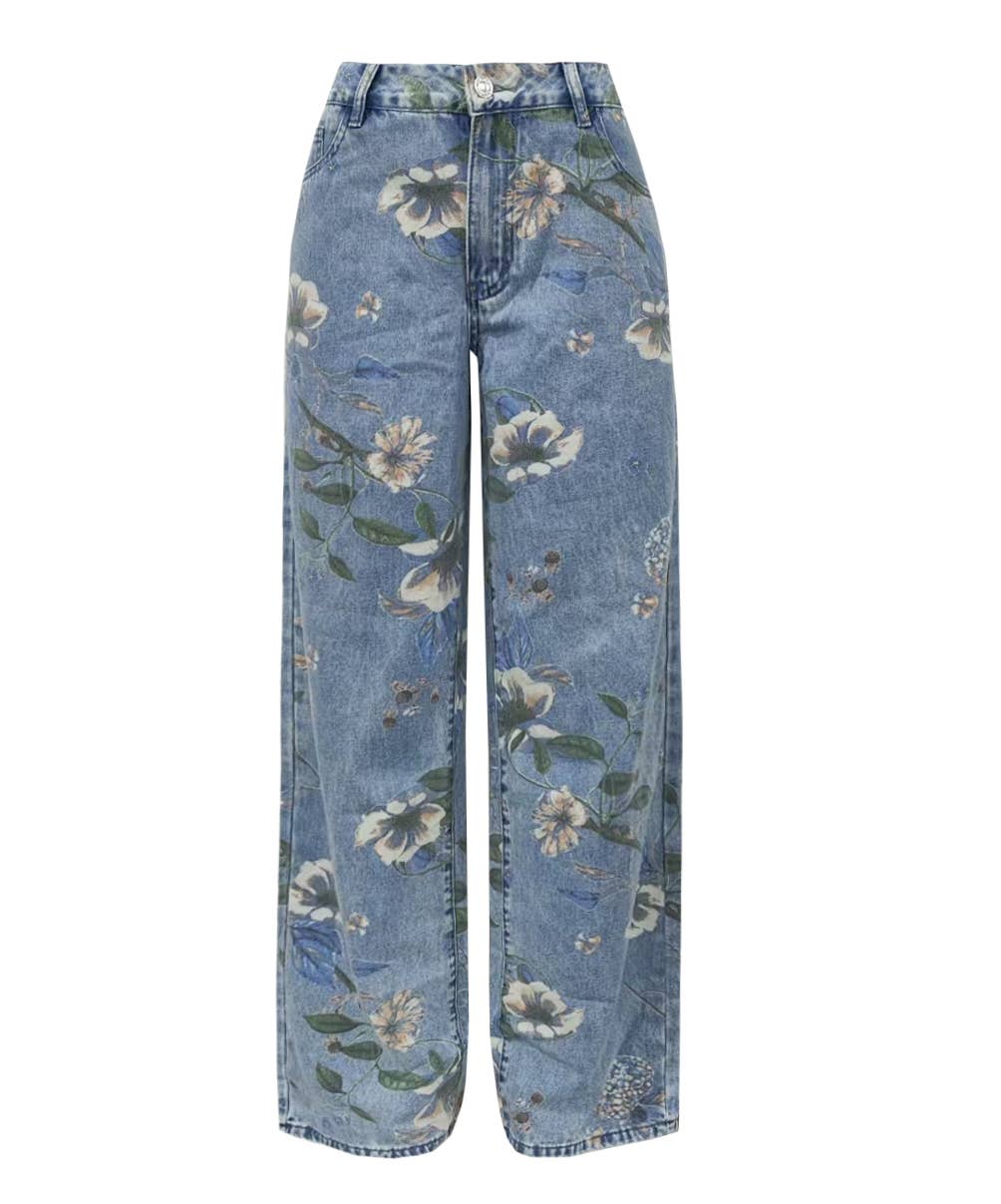 Street Style Loose Straight Floral Print Jeans