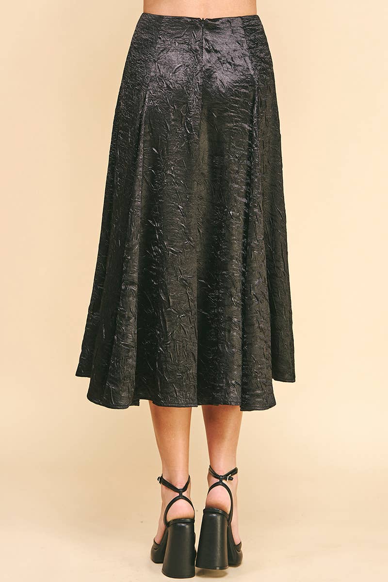 Textured Satin Midi Skirt in Black