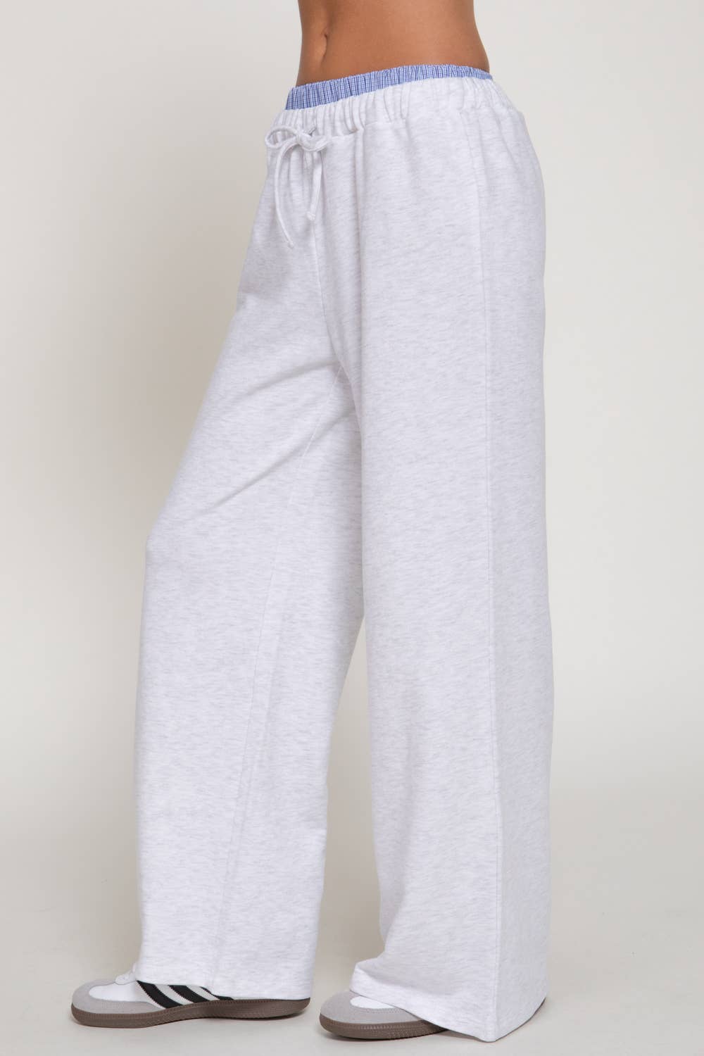Elastic Waist Long Pants with Contrasting Checkered Panel