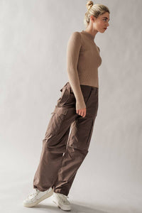 Olive Half Elastic Waistband Cargo Pants