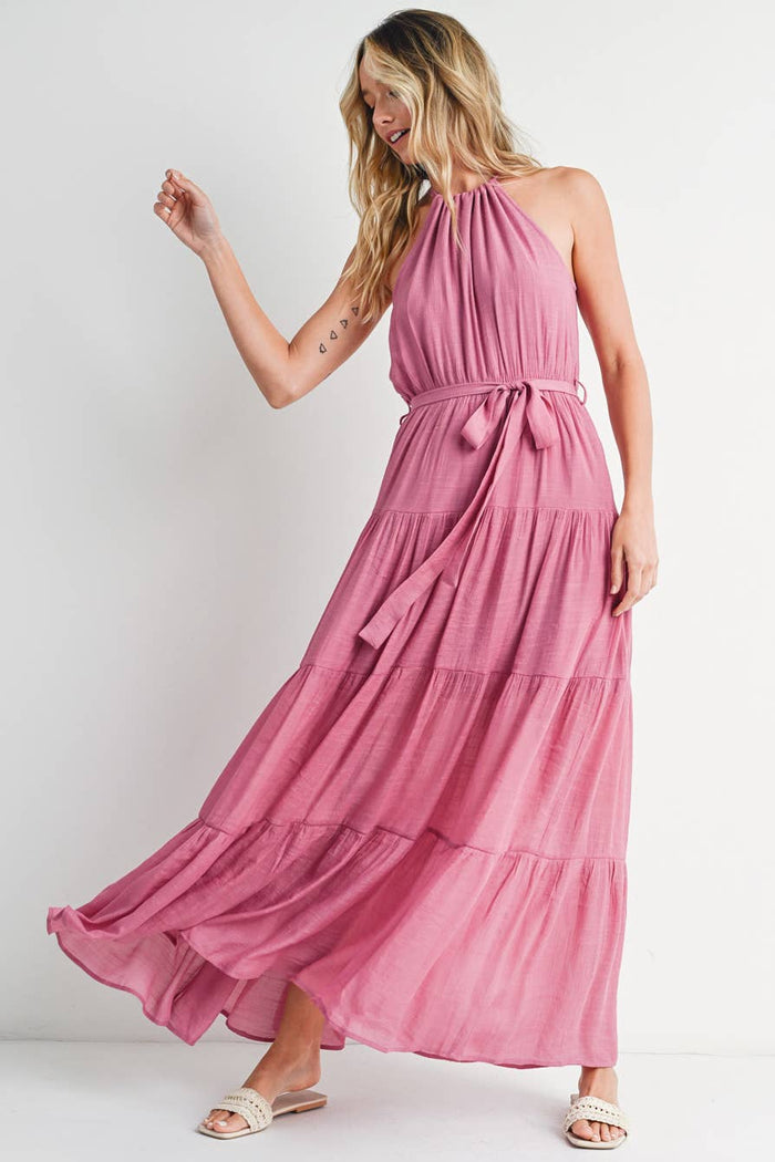 Tiered Halter Tie-Waist Maxi Dress in Rose