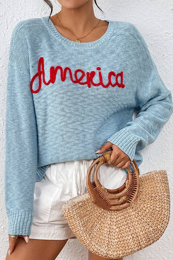 America Embroidered Sweater in Dusty Blue
