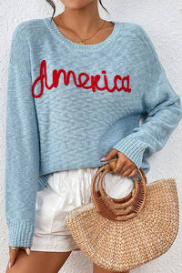 America Embroidered Sweater in Dusty Blue