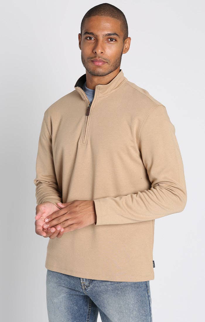 Cotton Modal Blend Quarter Zip Pullover in Camel
