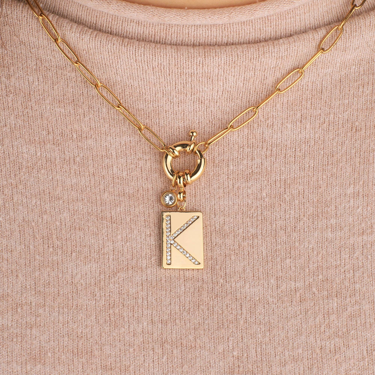 K Initial Necklace with Paperclip Chain: 18k Gold Plated