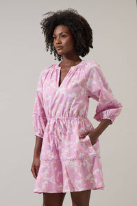 Daney Floral Dabria Split Neck Mini Dress: PINK-CREAM