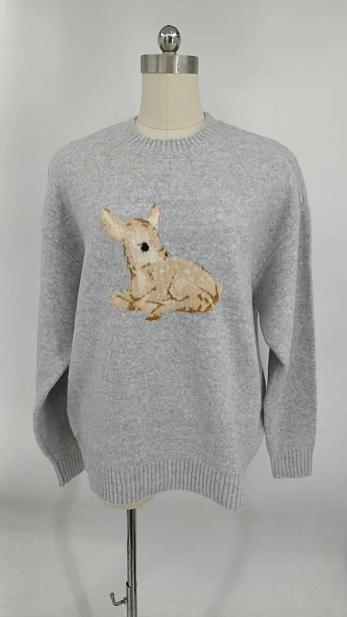 Animal Embroidered Knit Sweater in Light grey