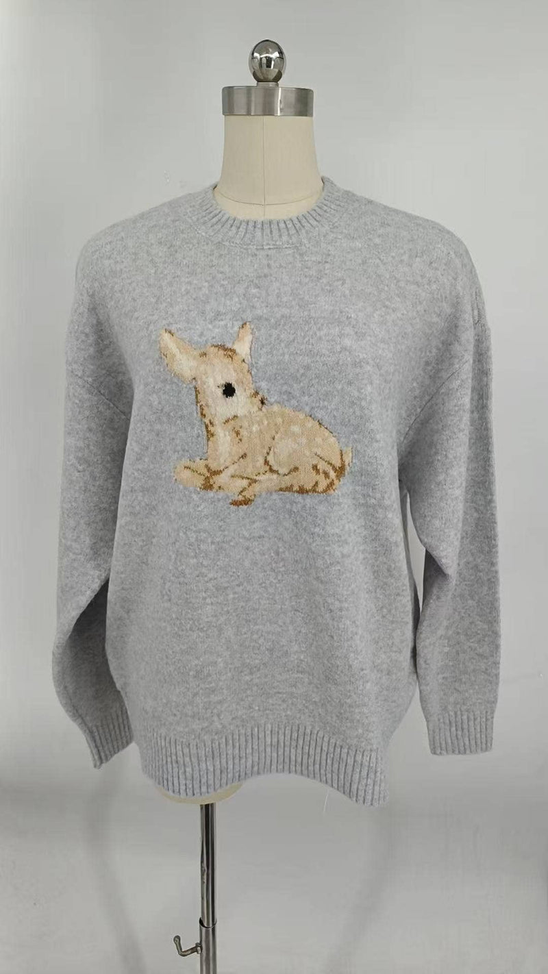 Animal Embroidered Knit Sweater in Light grey