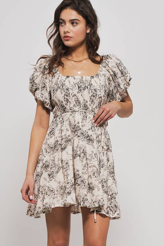 Floral Pleated Mini Dress in Black