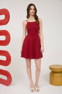 Spaghetti Strap Back Ribbon Detail Mini Dress in Ruby