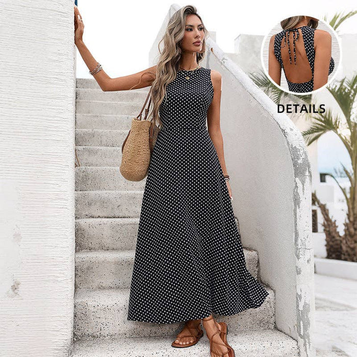 Polka Dot Open Back Tie Sleeveless Maxi Dress for Women