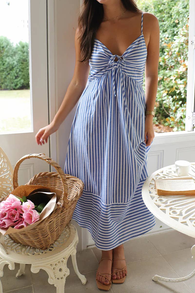 SUMMER V-NECK STRIPED SUSPENDER DRESS