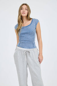 Scoop Neck Short Sleeve Knit Top in Blue