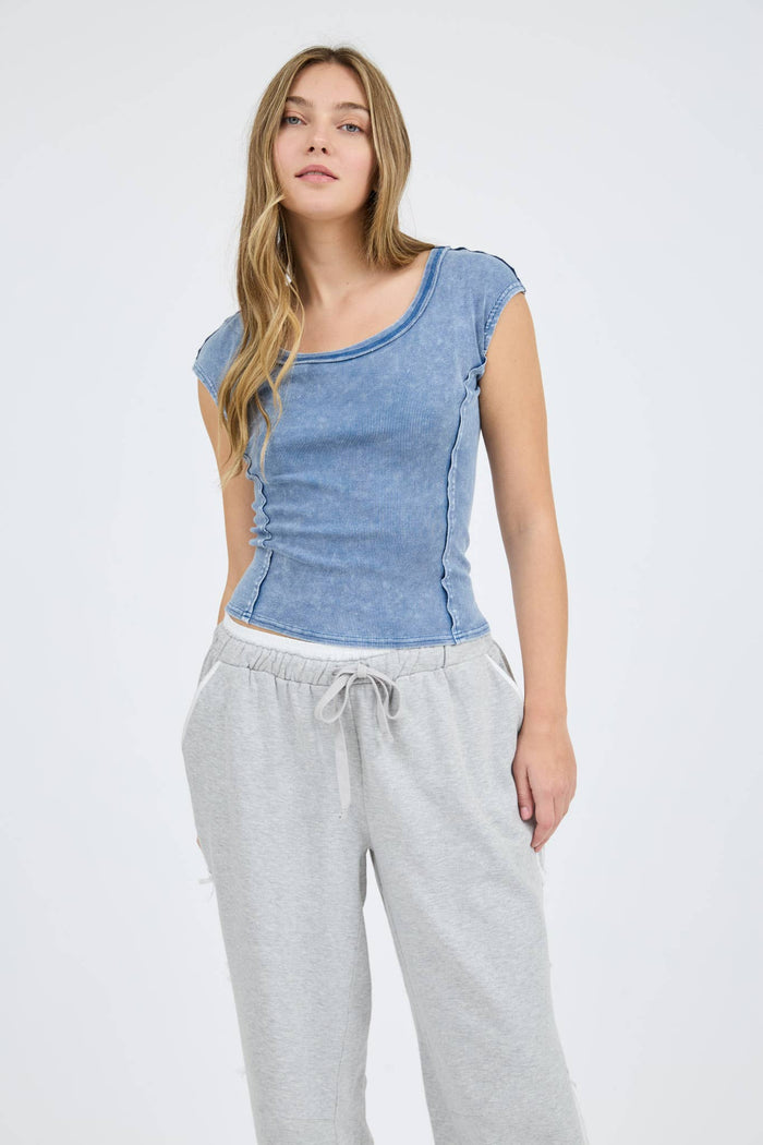 Scoop Neck Short Sleeve Knit Top in Blue