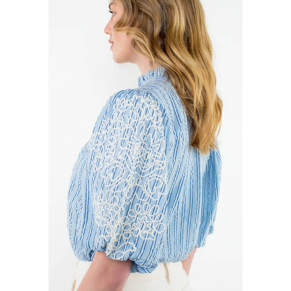 Embroidered Puff Sleeve Striped Top in Blue