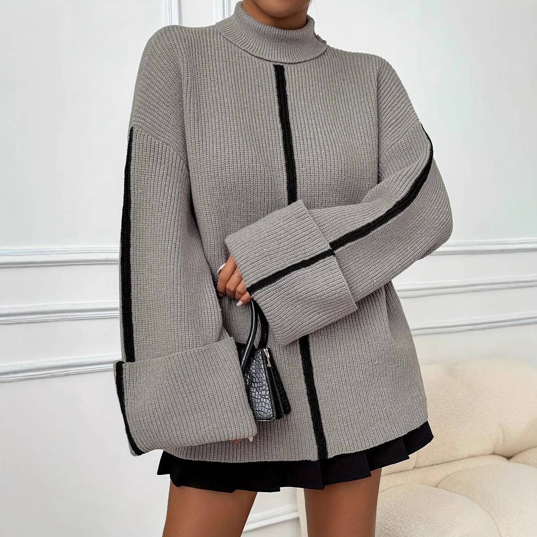 Pile Sleeve Casual High Neck Knit Sweater in GREY