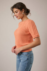 ROUND NECK PUFF SHORT SLEEVE CABLE SWEATER: APRICOT / M
