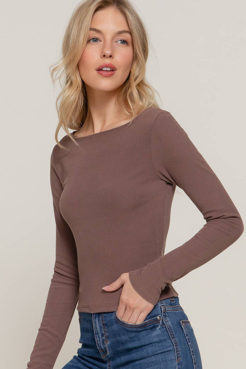 Long Sleeve Boat Neck Top in Brown
