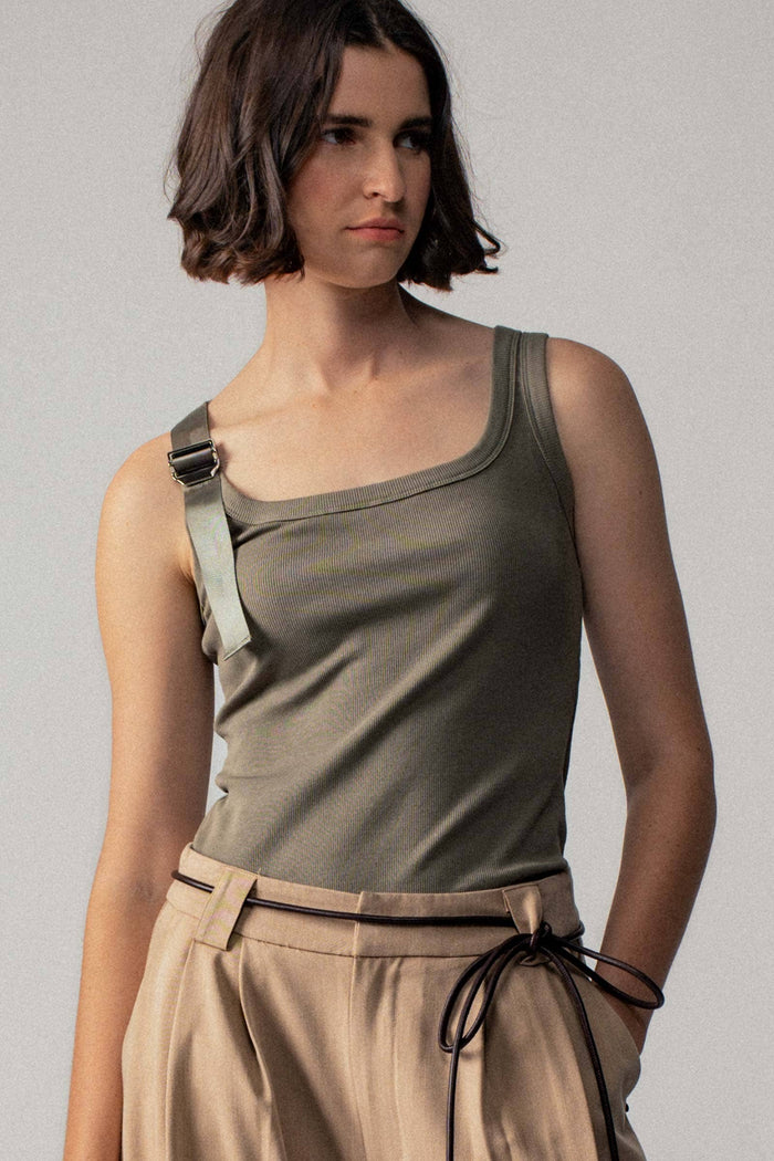 Ribbed Knit Tank Top with Buckle Strap in Olive