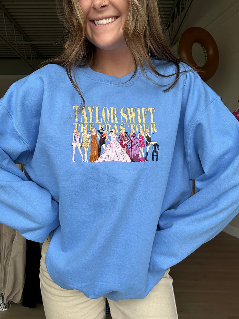 Taylor Swift Eras Tour Embroidered Crewneck in Carolina Blue