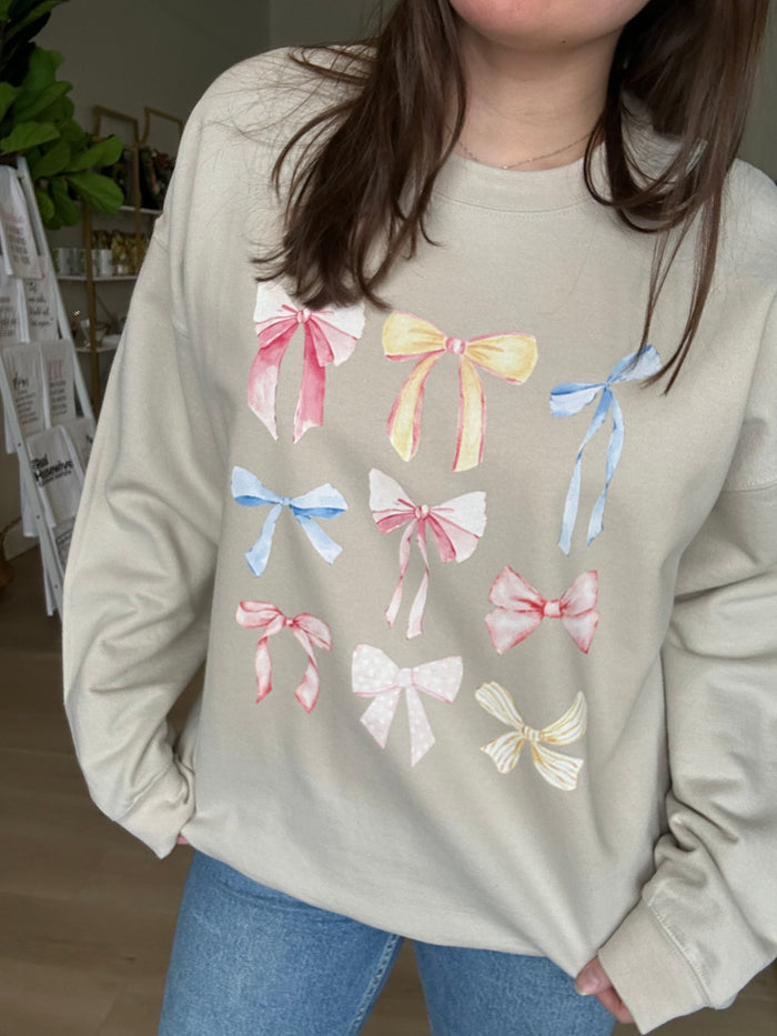 Bows and More Bows Crewneck in Sand